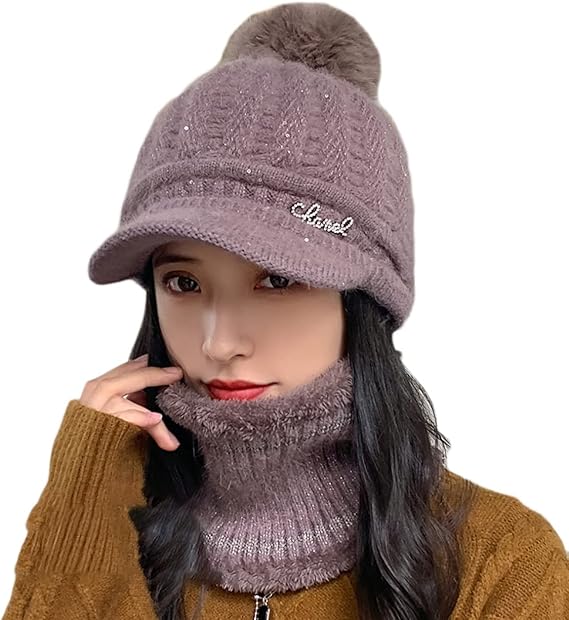 Amazon Mangjiaobh レディース ニット帽 ネックウォーマー ポンポン付き 秋冬 2点セット 裏起毛 パープル 厚手 暖かい ふんわり ニットキャップ 防風 防寒 帽子 女性用 スヌード 毛糸編み 自転車 通勤 アウトドア 母 Free Size プレゼント 小顔効果 ニット 通販
