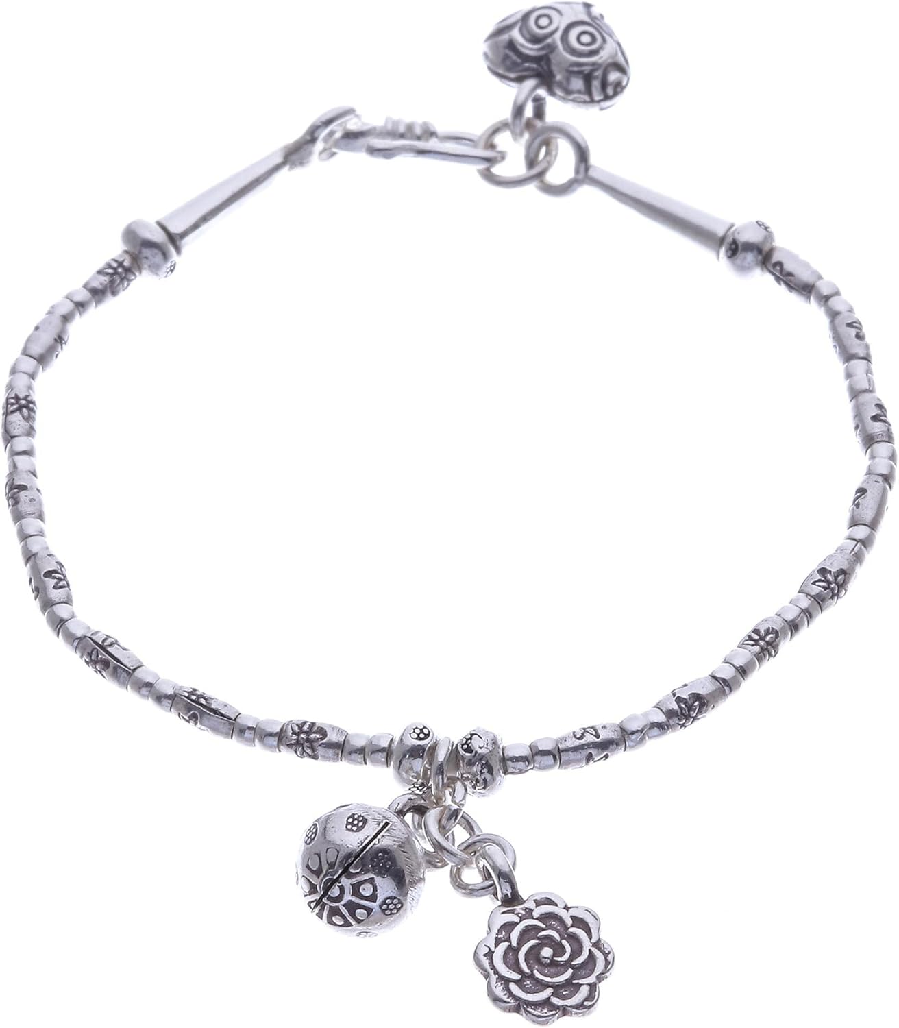 NOVICA Handmade Floral Karen Silver Beaded Bracelet with Bell Charm Fine Thailand Hill Tribe 'Floral Sound'