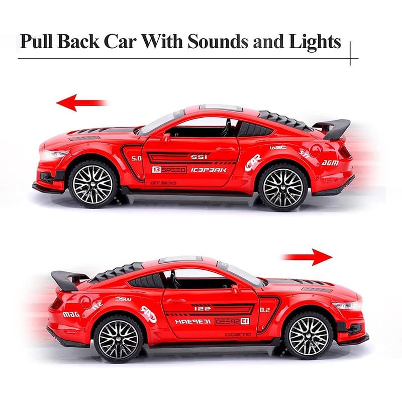 Image of PINQUE Kids New Car 1:32 Mastang Diecast Alloy Metal Pull Back Car with Openable Doors Music Sound and Light Vehicle Toy Car for Boys (Red)