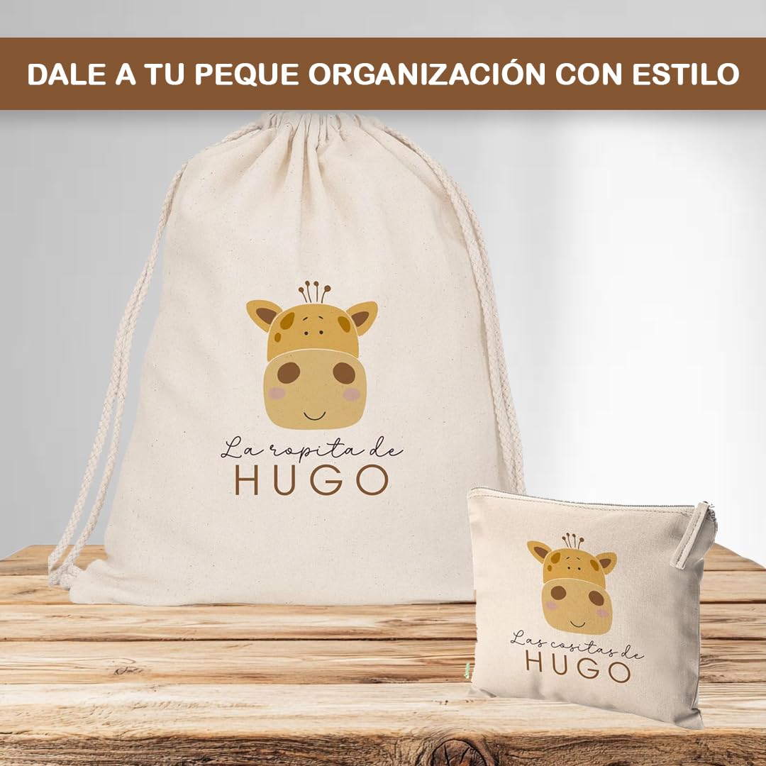 Evyre Pack Bolsa + Neceser Personalizado guardería Escuela Infantil Mochila con el Nombre Regalo Original Saco ropita Preescolar 100% algodón merienda organizadora