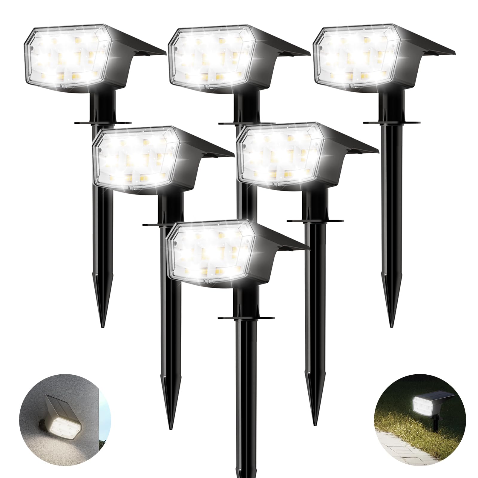 HIBOITEC 59LED Solar Lights Outdoor Garden, IP65 Garden Lights Solar Powered Waterproof, 3 Brightness Dusk to Dawn Outdoor SpotLights for Yard Trees Pathway, 6000k White (6Pack)