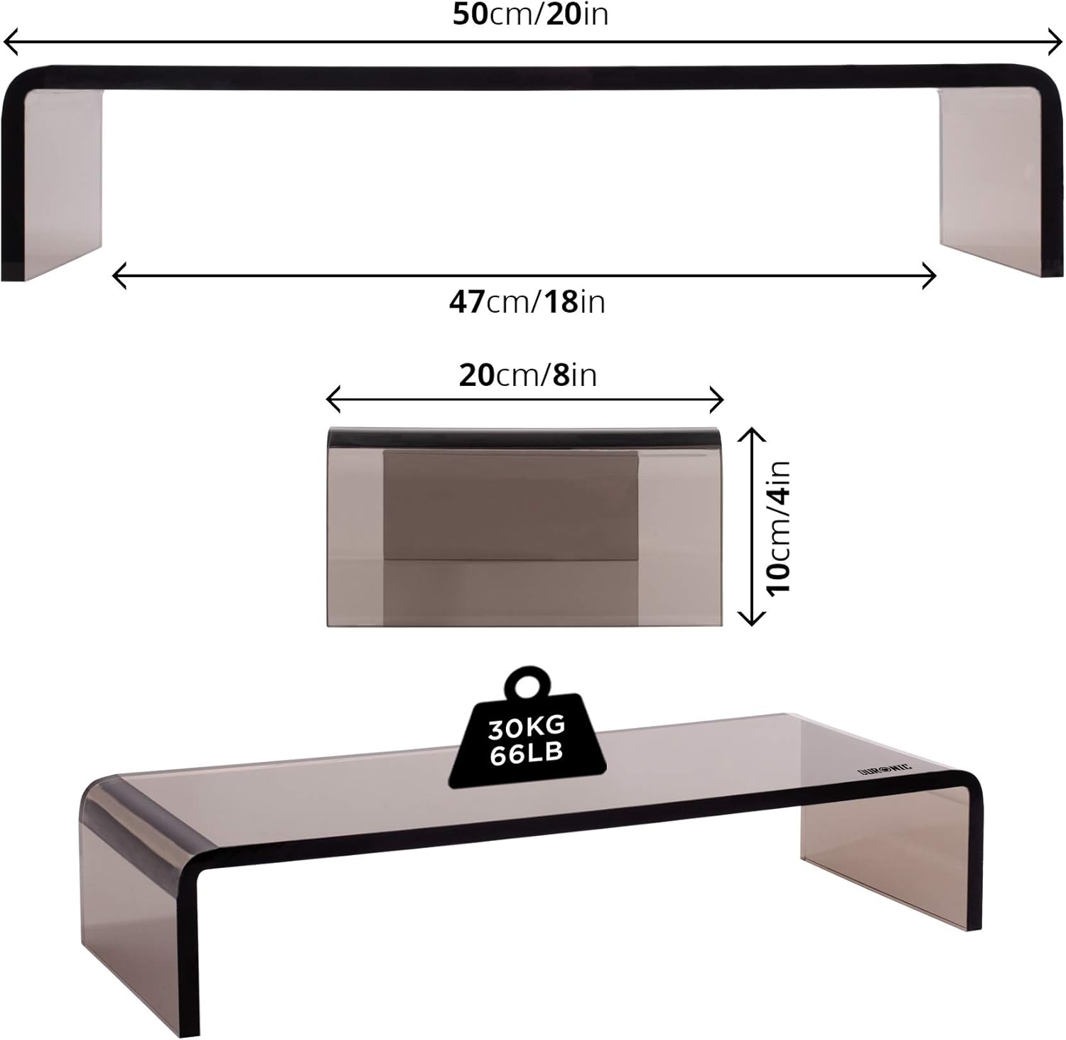 Duronic Monitor Stand Riser DM054 | Laptop and Screen Stand for Desktop | Black Acrylic | Support for a TV or PC Computer Monitor | Ergonomic Office Desk Shelf | 66lbs Capacity | 20-inch