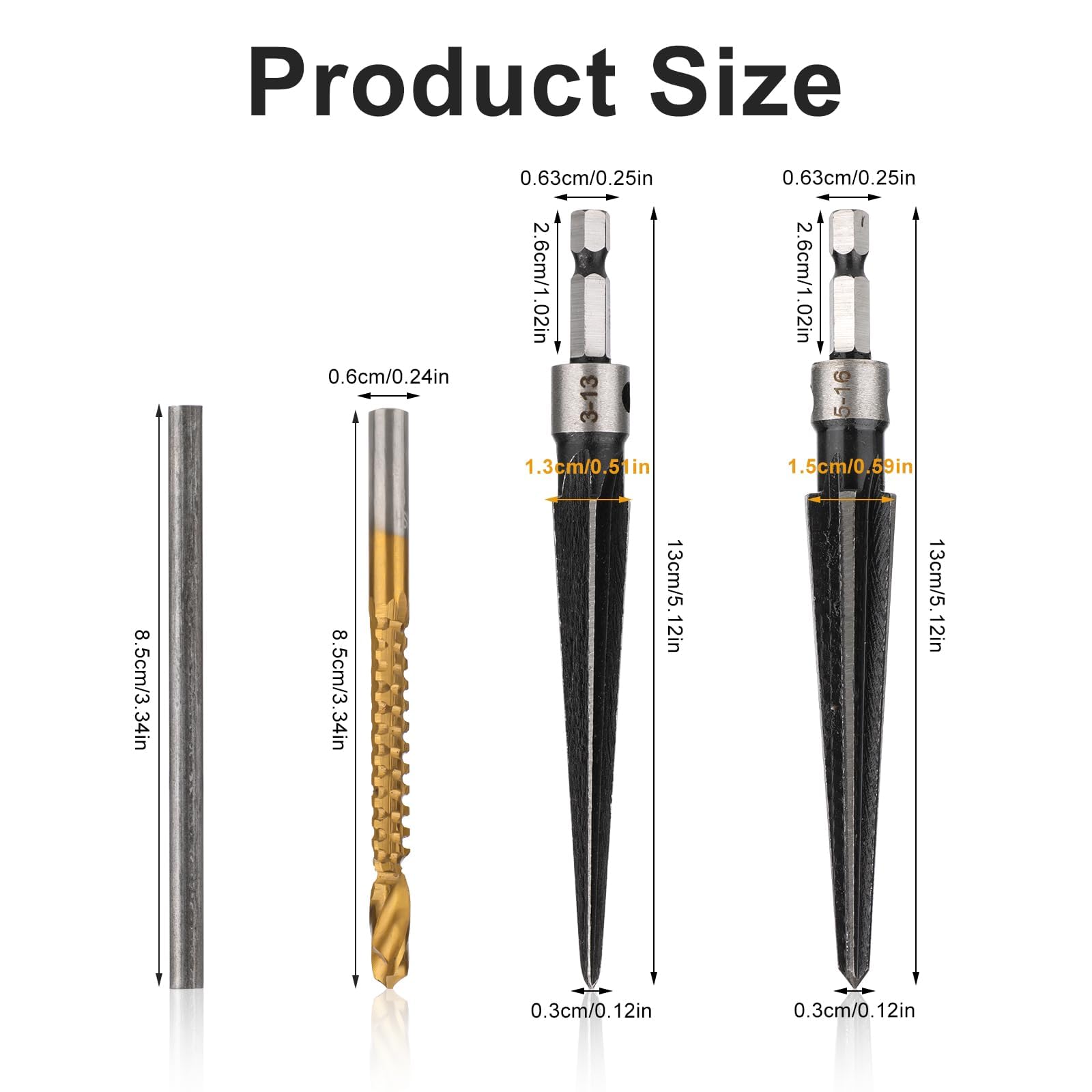 Xfopz 5pcs Tapered Reamer Tool Set, 3-13mm (1/8''-1/2'') & 5-16mm(1/2"-5/8") Bridge Pin Hole Hand Reamer Tool Detachable T-Handle Tapered Reamer for Guitars Wood Plastic PVC Pipes Cutting - Image 2 thumbnail