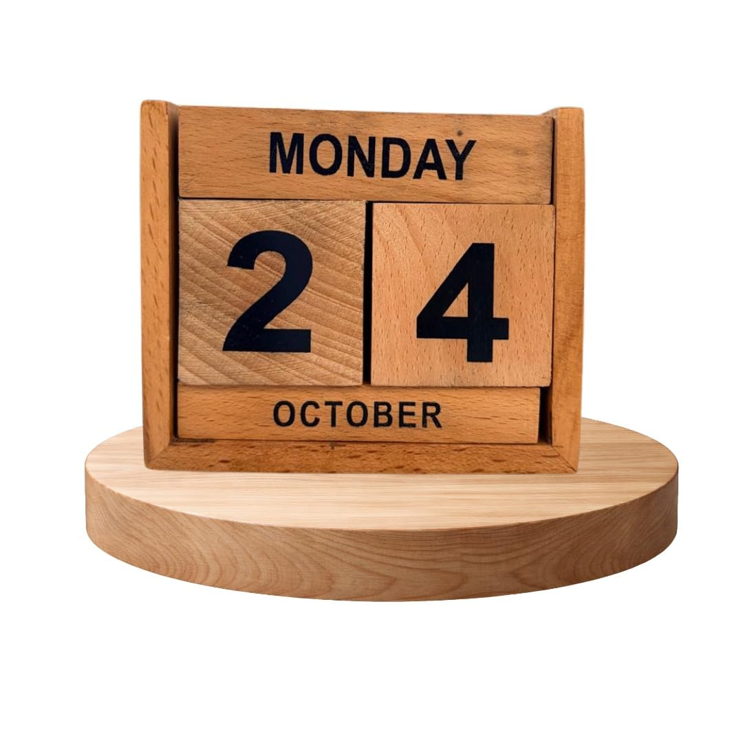 Wooden Perpetual Desk Calendar with Block Date Display | Day, Date & Month, Compact 4x3.5 inch Size, Rustic Natural Finish, Office & Home Decor, Interchangeable Blocks-image-22