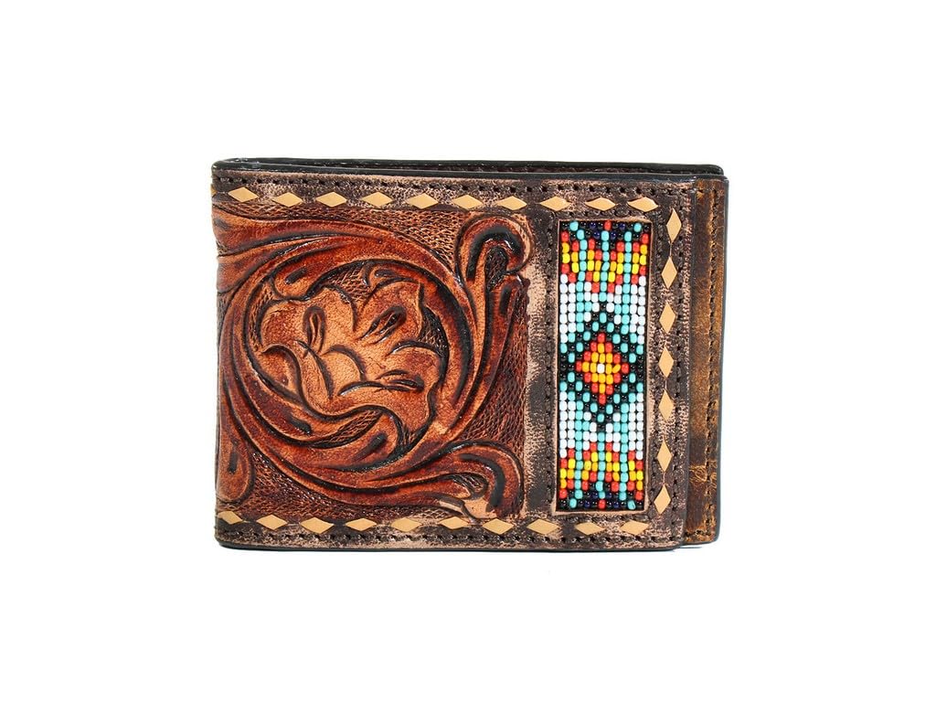 3D Bifold Spring Buck Lacing Beaded Hand Tooled Money Clip Wallet, Tan, One Size-image-13