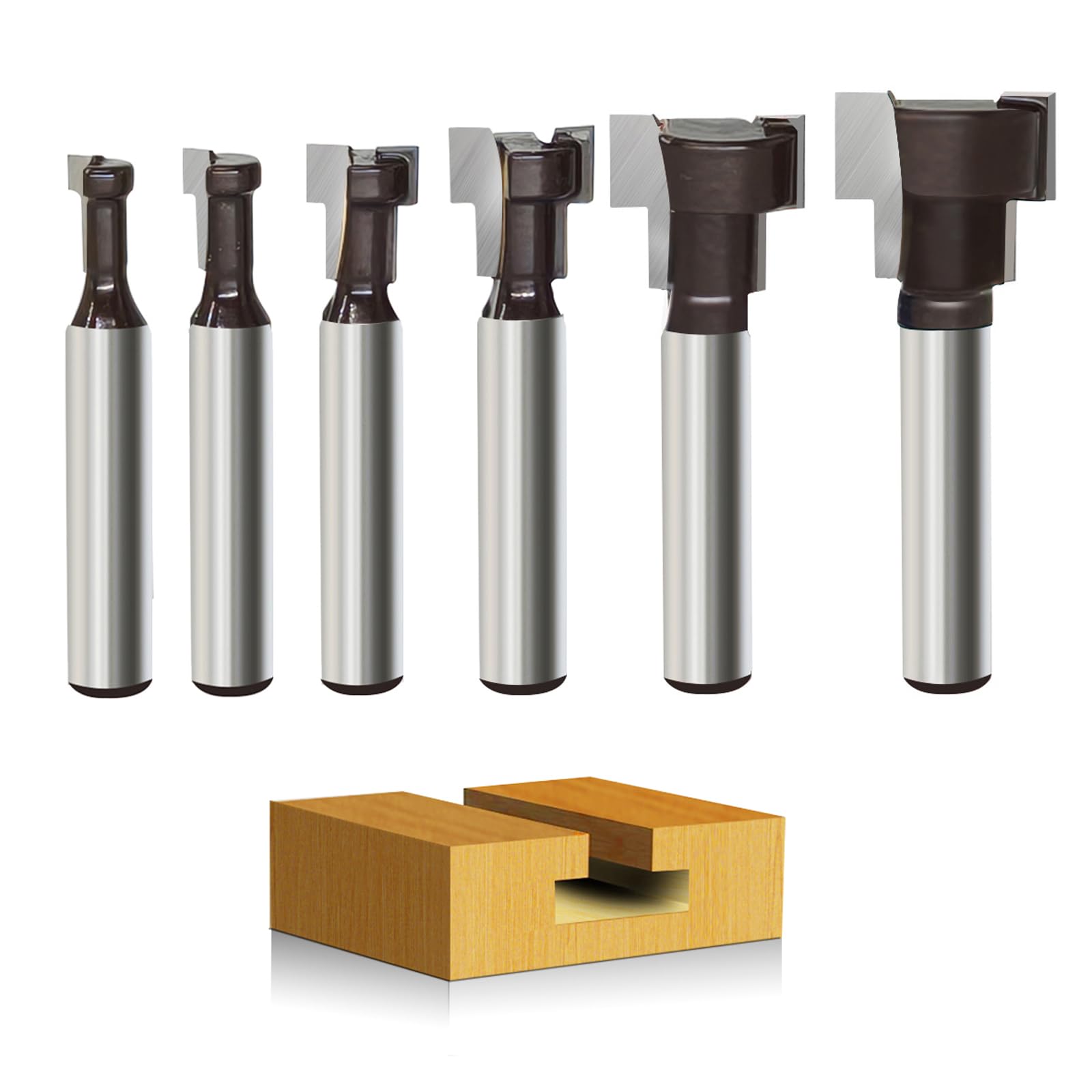 6-tlg. T-Nutfräser-Set 8mm Schaft – Hartmetall T Nut-Fräser Oberfräse, T-Track Schlitz, für Holz, Holzbearbeitung (Durchmesser 5.35/7/10/13/17/19mm)