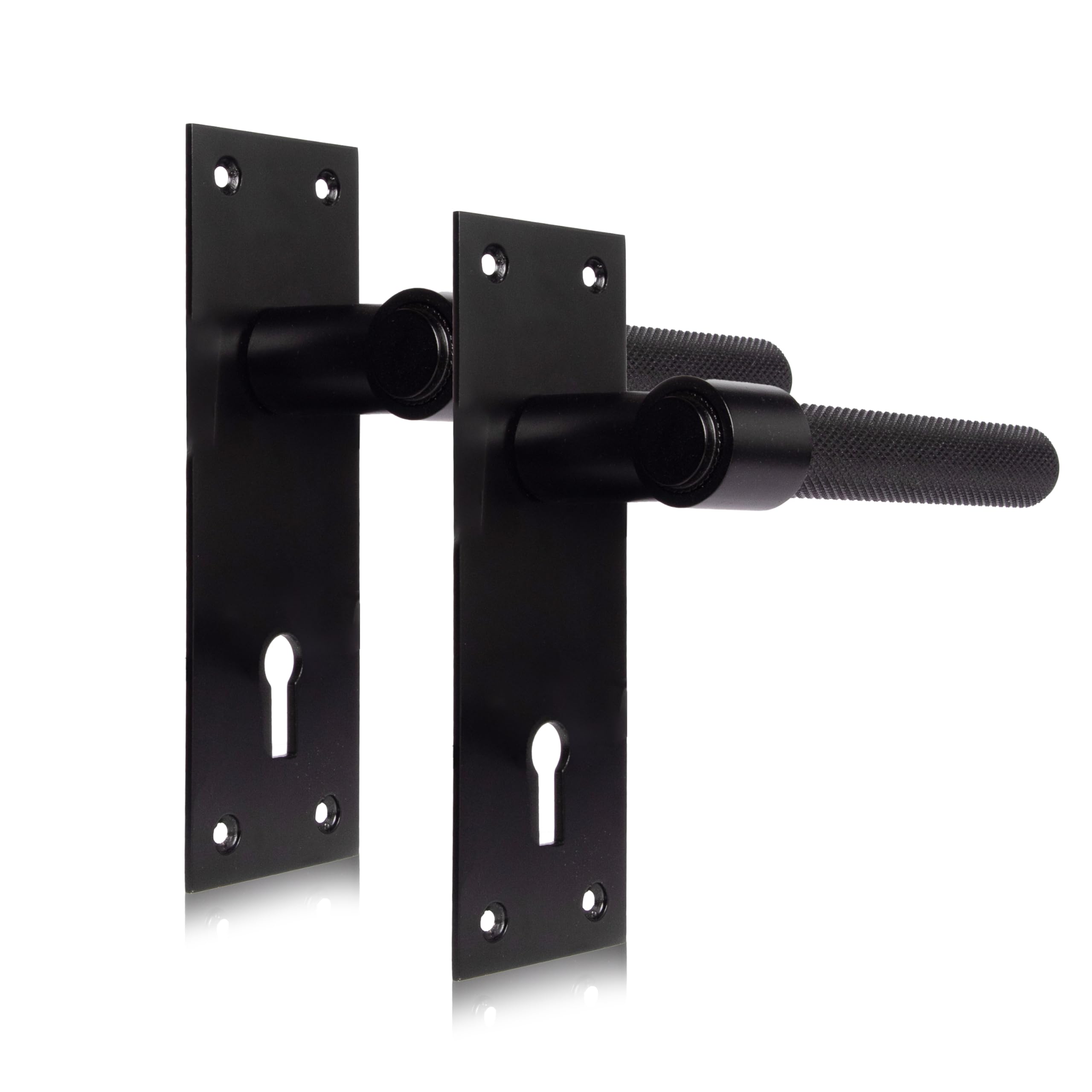Xfort Matt Black Onyx Collection, Slimline Backplate Lock Knurled Door Handles, (150X60mm) For Internal Wooden Doors