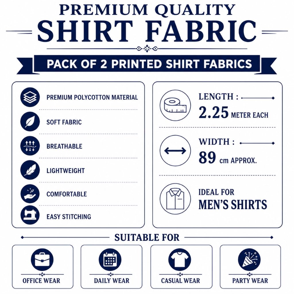 Arogmira Men's Unstitched Shirt Fabric | Poly Cotton Printed Shirting Material | Men's Shirt Piece Combo | Pack of 2 | 2.25 Meter Each 3