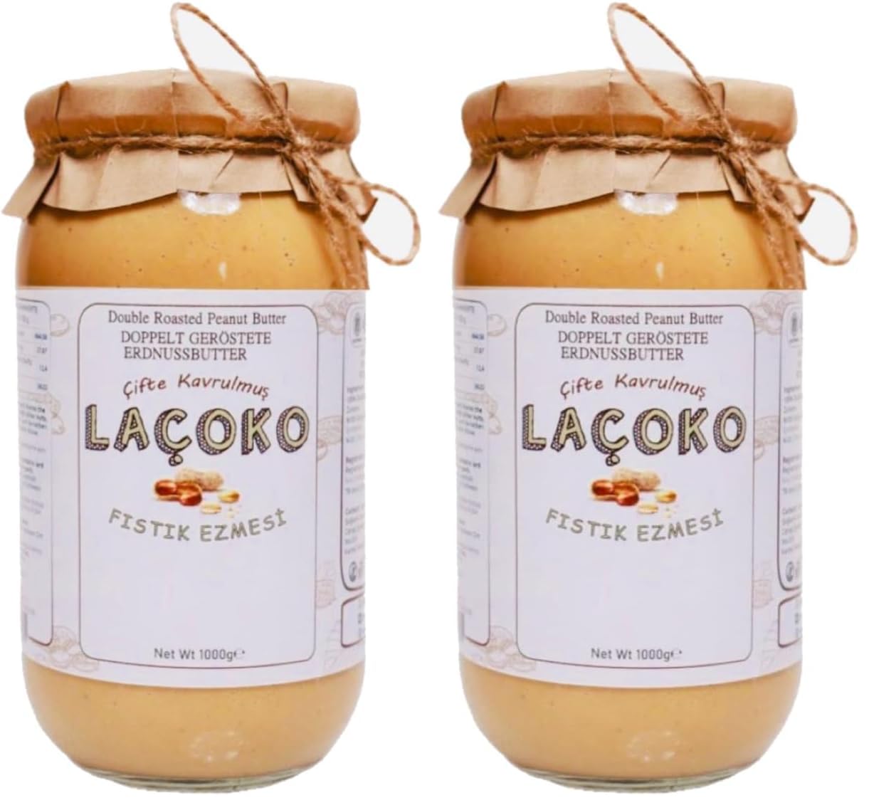 LAÇOKO 1 Kg Şekersiz, Saf, Katkısız Fıstık Ezmesi Glutensiz, Vegan, Doğal Çifte Kavrulmuş Yer Fıstığı Ezmesi (1 KG) Peanut Butter (2 paketi)