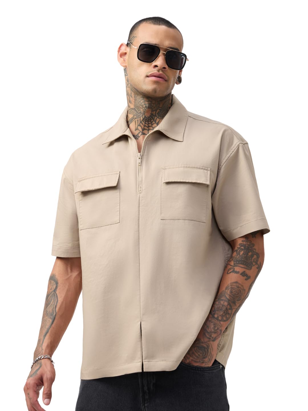 the souled store Zipper Shirt: Men and Boys Short Sleeve Spread Collar Solid Casual Lightweight Drop Shoulder Streetwear Trendy Cotton Blend Oversized Shirt-picture-24