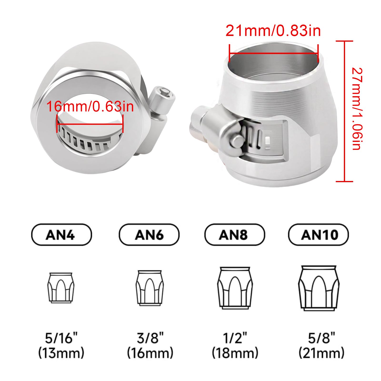 Morsetto per tubo flessibile in alluminio, universale, finitura cromata rossa, set da 4 pezzi per tubi in acciaio inossidabile e gomma, modello (argento, 10 AN)