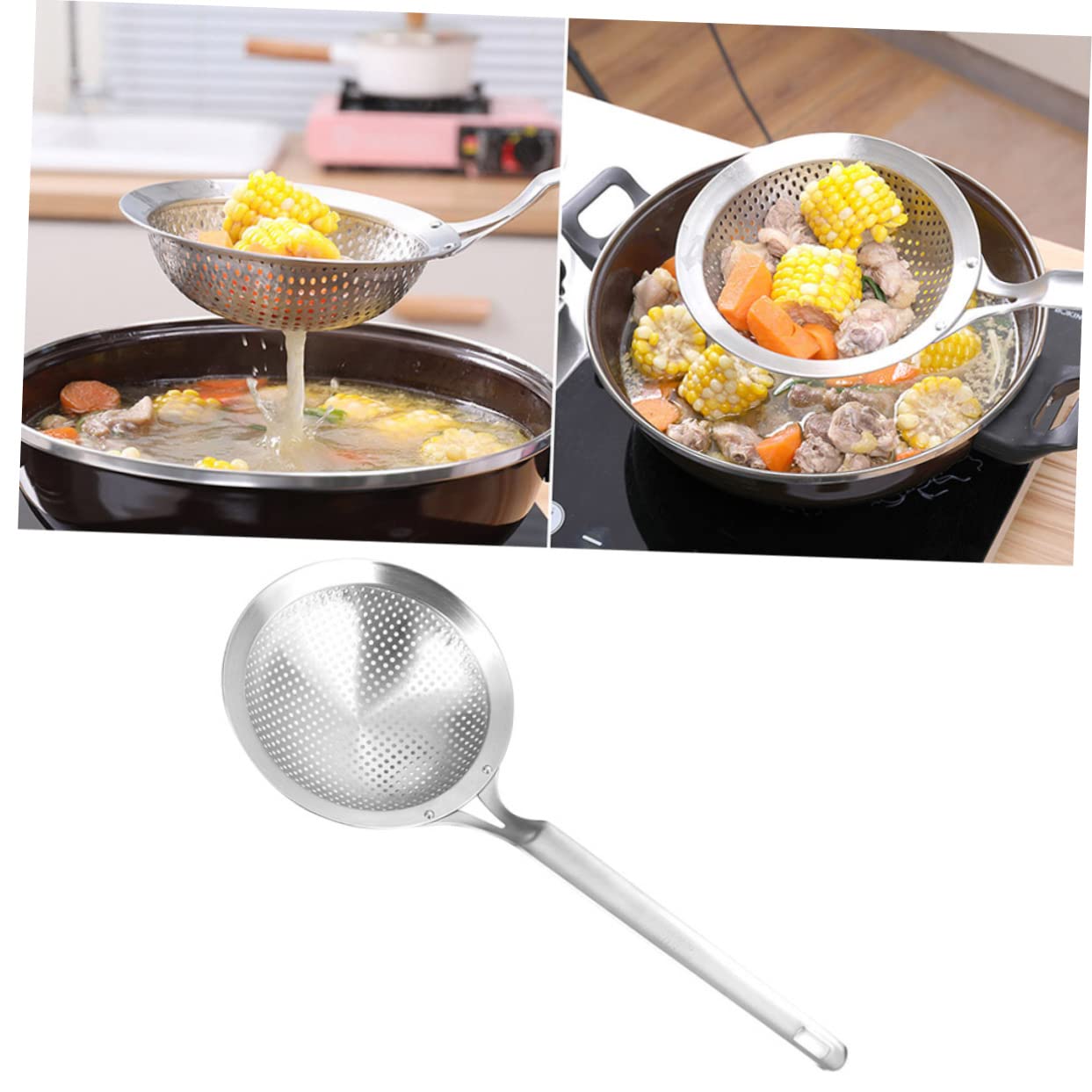 Juego de 2 coladores de cocina de acero inoxidable - Juego de colador de comida de cocina asiática y cesta para cocinar al vapor con colador de cuchara - Filtro de metal duradero para cocinar y freír