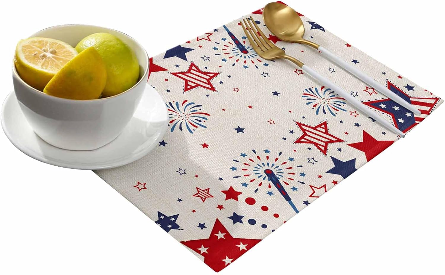Cotton Linen Red White and Blue Stars Placemat 4th of July Placemats Set of 6, Red Blue Stars Firework Non-Slip Table Mats for Dining Table,13x19 Inch Heat Insulation Patriotic Place Mats