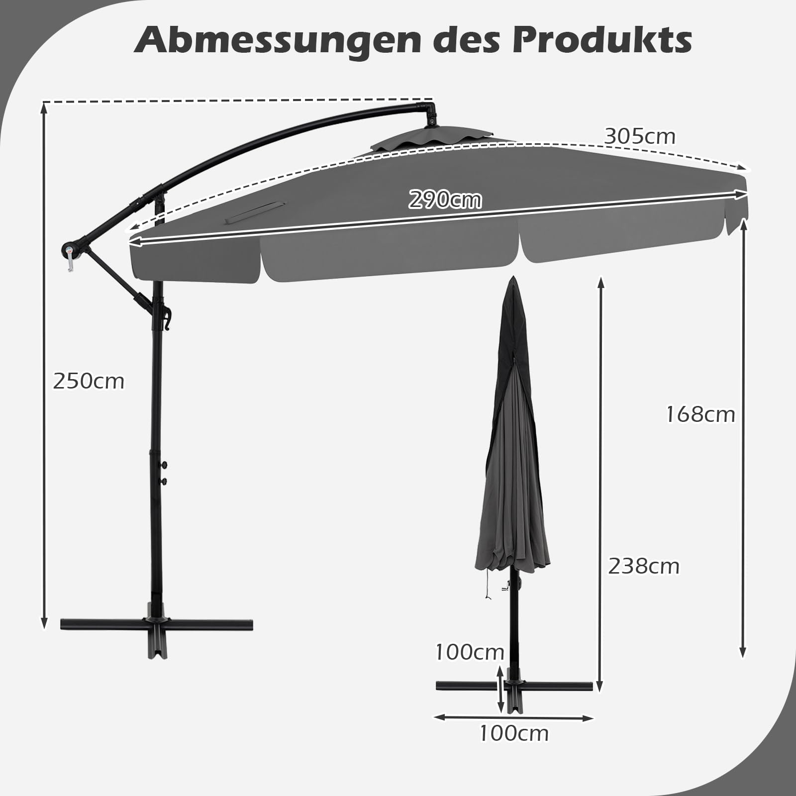 GOPLUS Ampelschirm 300 cm, Sonnenschirm mit Kurbel, Kreuzfuß & Schutzhülle, Gartenschirm mit 35° unendliche Neigung, Terrassenschirm mit Volant, Marktschirm für Pool, Garten & Terrasse, Grau