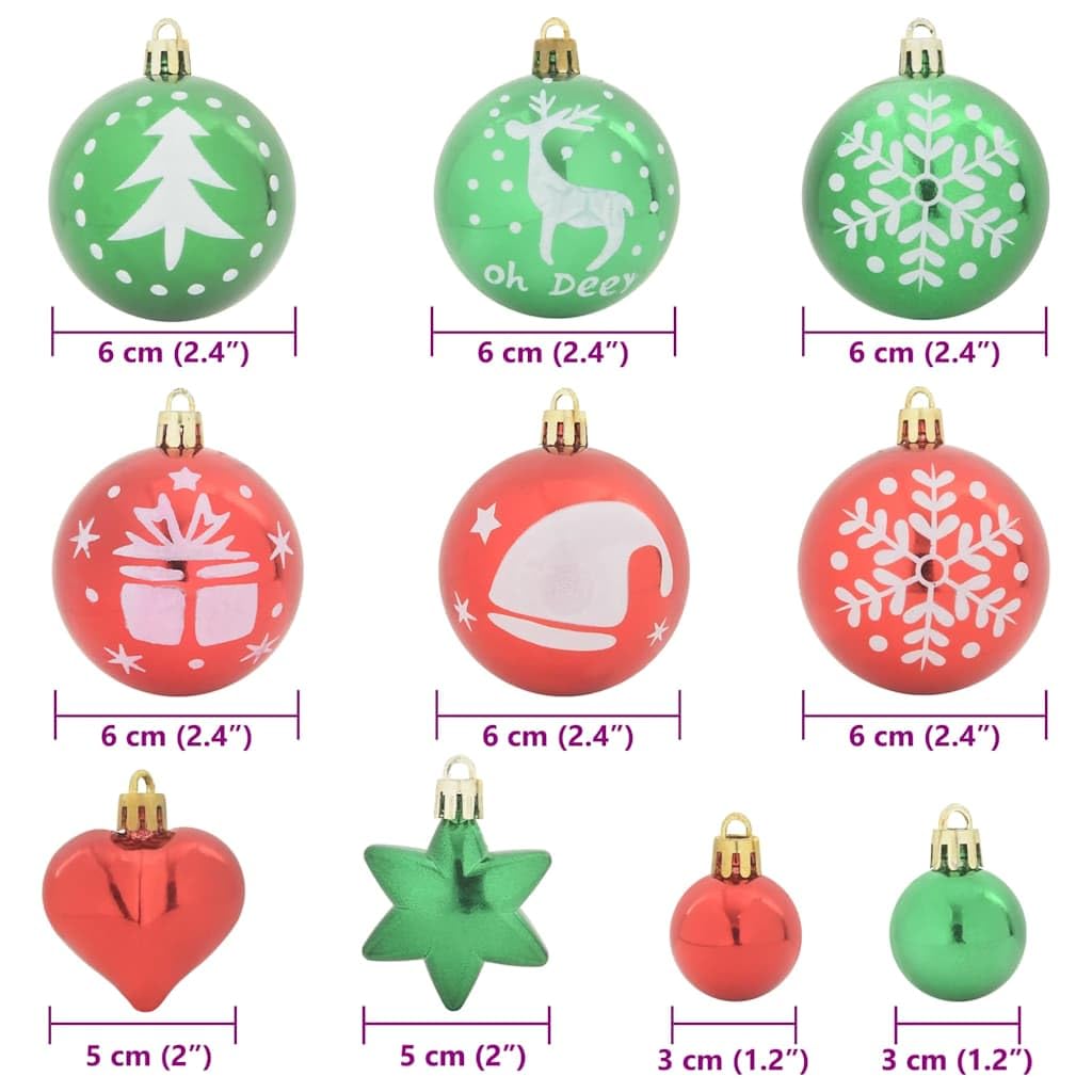 Weihnachtskugel Set 40-teilig Rot und Grün Kunststoff, Ø 6 cm, glänzende Kugeln und Herz und Stern Deko für Christbaum Schmuck, für Innen und geschützten Außenbereich