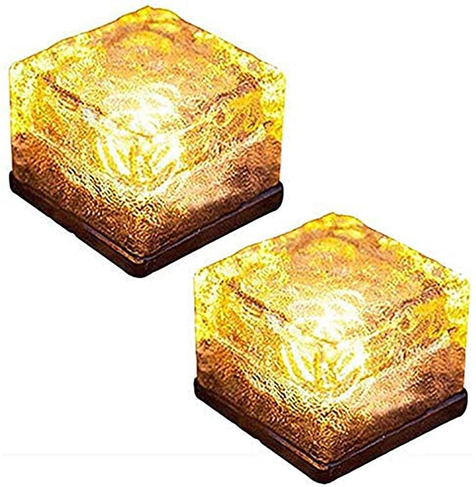 zhonghua Solar Brick Ice Lights, Solar Landscape Light Ice Cube Light Solar Ground Lights Waterproof for Garden Solar Glass Brick Lights (2 Pack, Warm White)