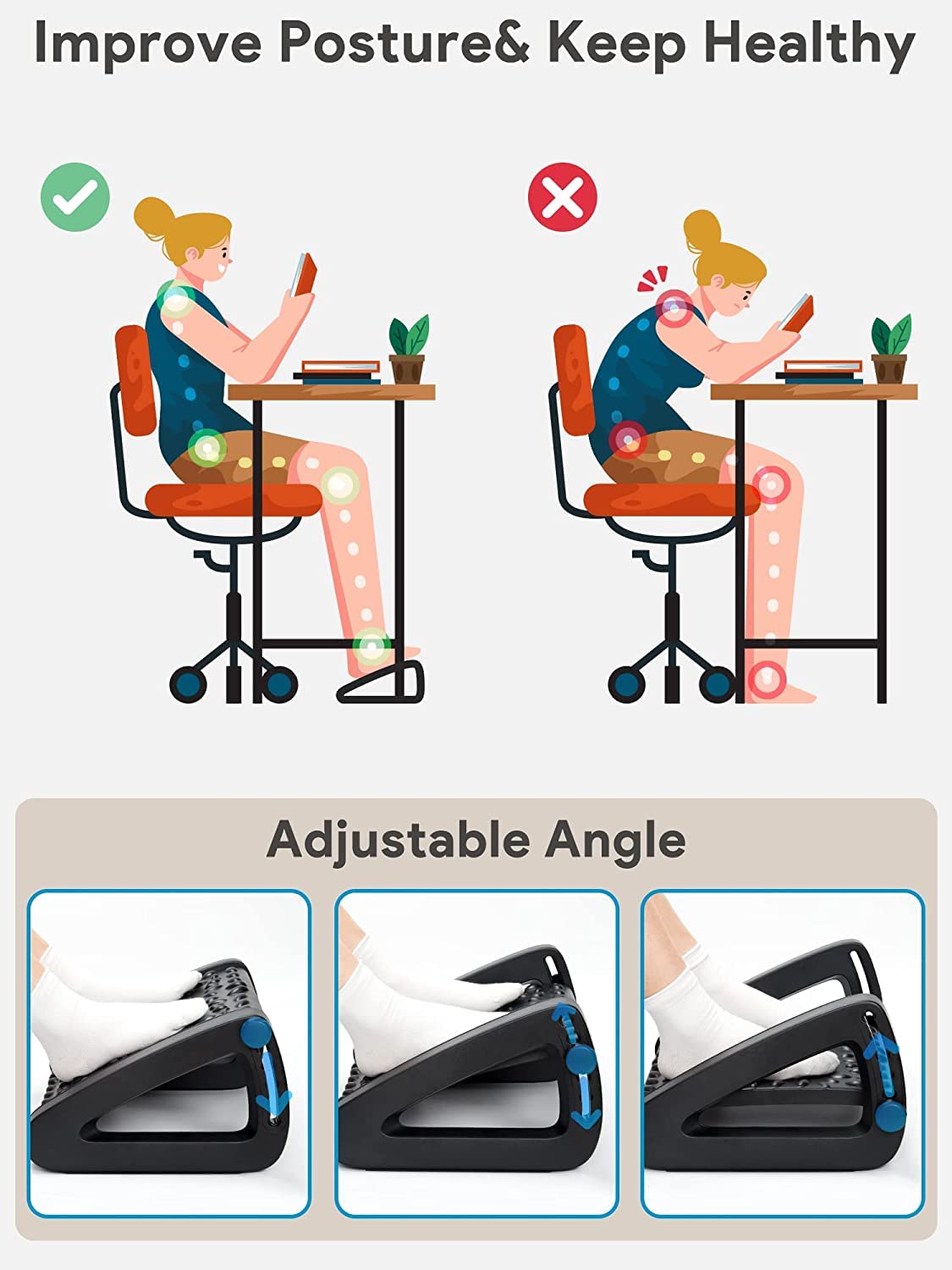 Furat adjustable foot rest, ergonomic desk footrest with massage function, 6 adjustable height footrest non-slip foot stool, leg, knee and back pain, for home/office/travel Furat adjustable foot rest, ergonomic desk footrest with massage function, 6 adjustable height footrest non-slip foot stool, leg, knee and back pain, for home/office/travel