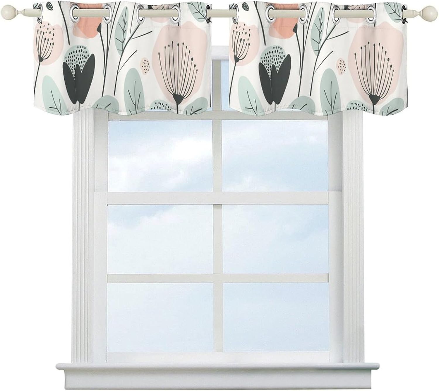 Hand Drawn Flowers Valance for Windows, 2 Pack Kitchen Curtains Modern Home Decor, Soft Blackout Window Curtains for Living Room & Bedroom, 18 X 52 Inch