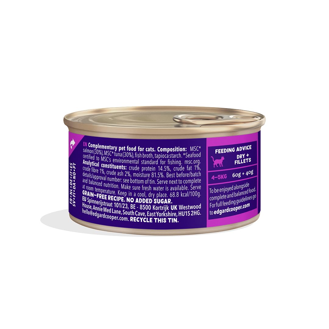 Edgard & Cooper Nourriture Humide pour Chats, Filets dans Leur Bouillon Saumon et Thon, 24 x 70g, sans Céréales, Ingrédients Naturels, pour Chats Stérilisés, Poisson MSC, sans Sucres Ajoutés