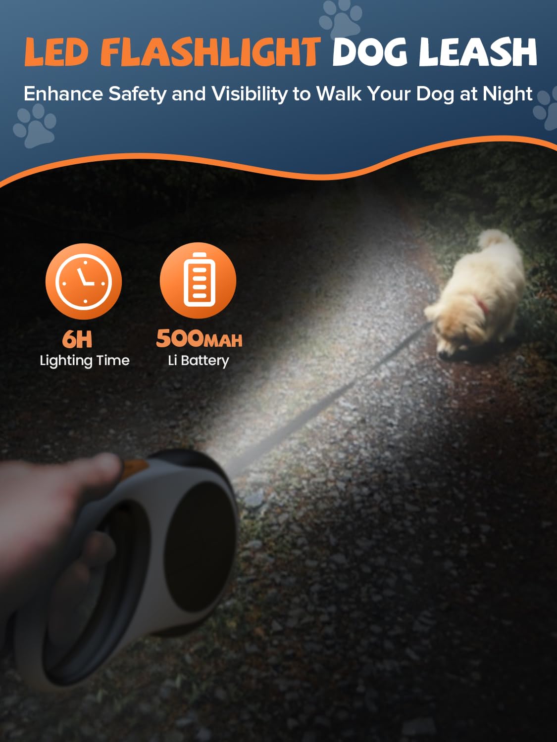 Correa retráctil para perro con linterna LED, correa retráctil 3 en 1 para perros pequeños y medianos de hasta 66 libras, 16 pies, mango antideslizante (negro-blanco)