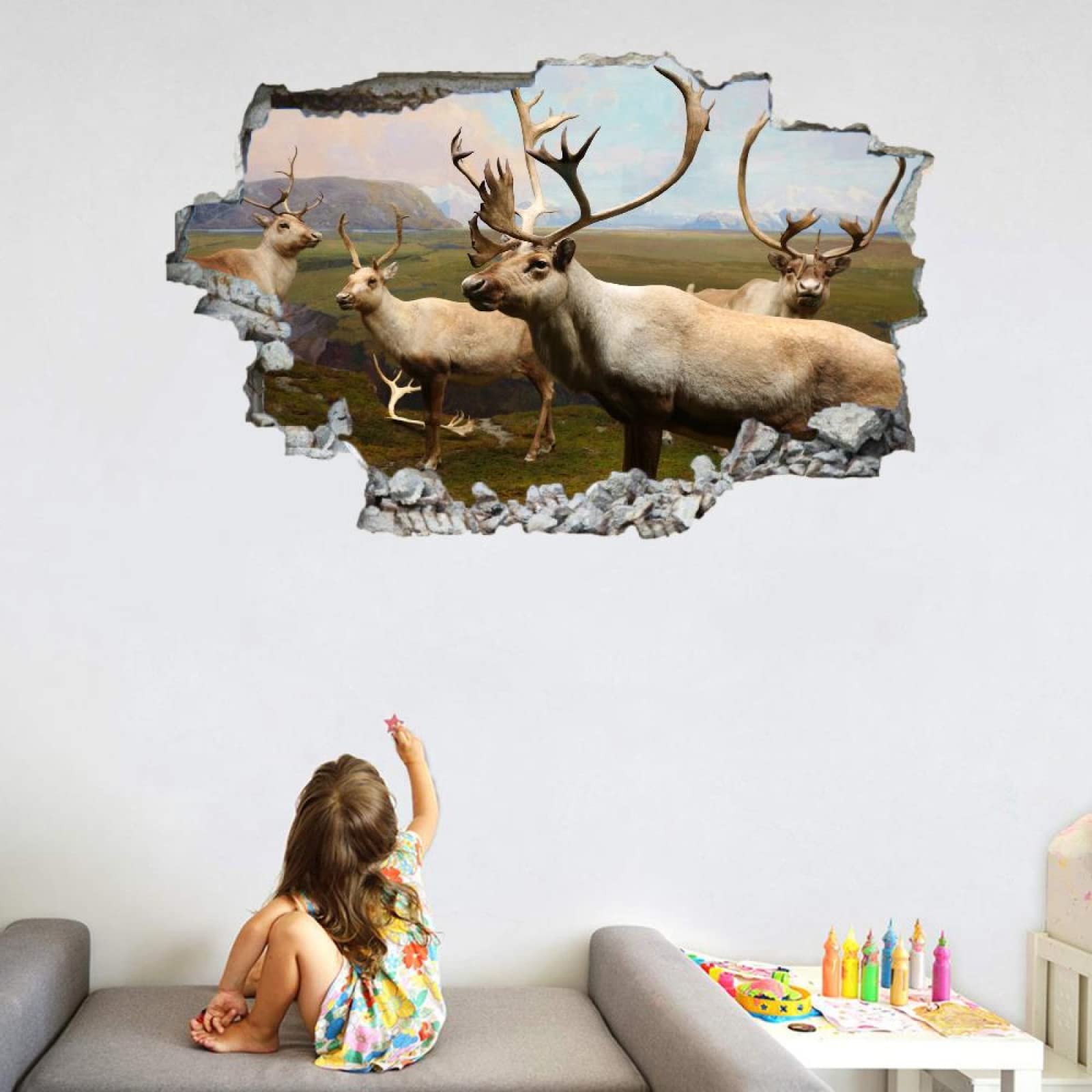 Vinilos Decorativos 3D Rotos Antílope Tatuaje De Pared Vinilo Extraíble Decoración Del Hogar Animal Calcomanías Para Bebé Guardería Niña Niño Habitación Decoración De Pared 80x120cm