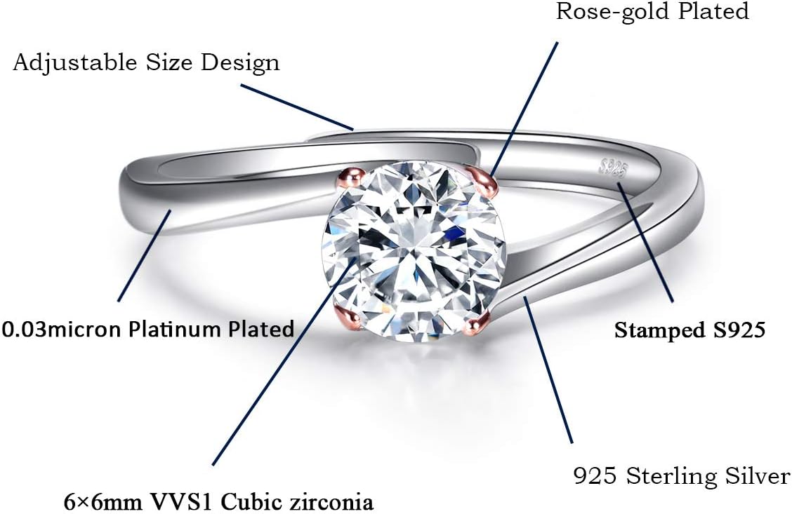 JIANGXIN Adjustable Size 925 Sterling Silver Halo Solitaire Twisted Bypass Diamond CZ Promise Eternity Engagement Ring for Women