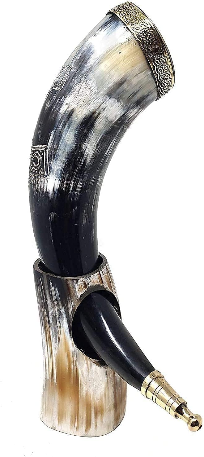 Nautical Replica Hub Corno vichingo da 30,5 cm, con supporto in corno e bordo in ottone bicchiere da birra fatto a mano, per uso alimentare, unico corno di bue con incisione Thor, 1 pezzo