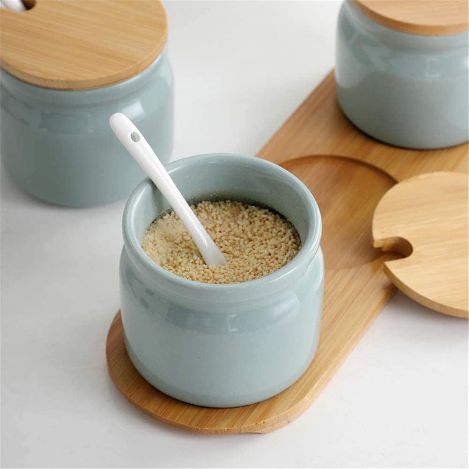 Set di barattoli in ceramica per spezie, zuccheriera, condimento, sale, con coperchio e cucchiaio, per cucina, dispenser per condimenti