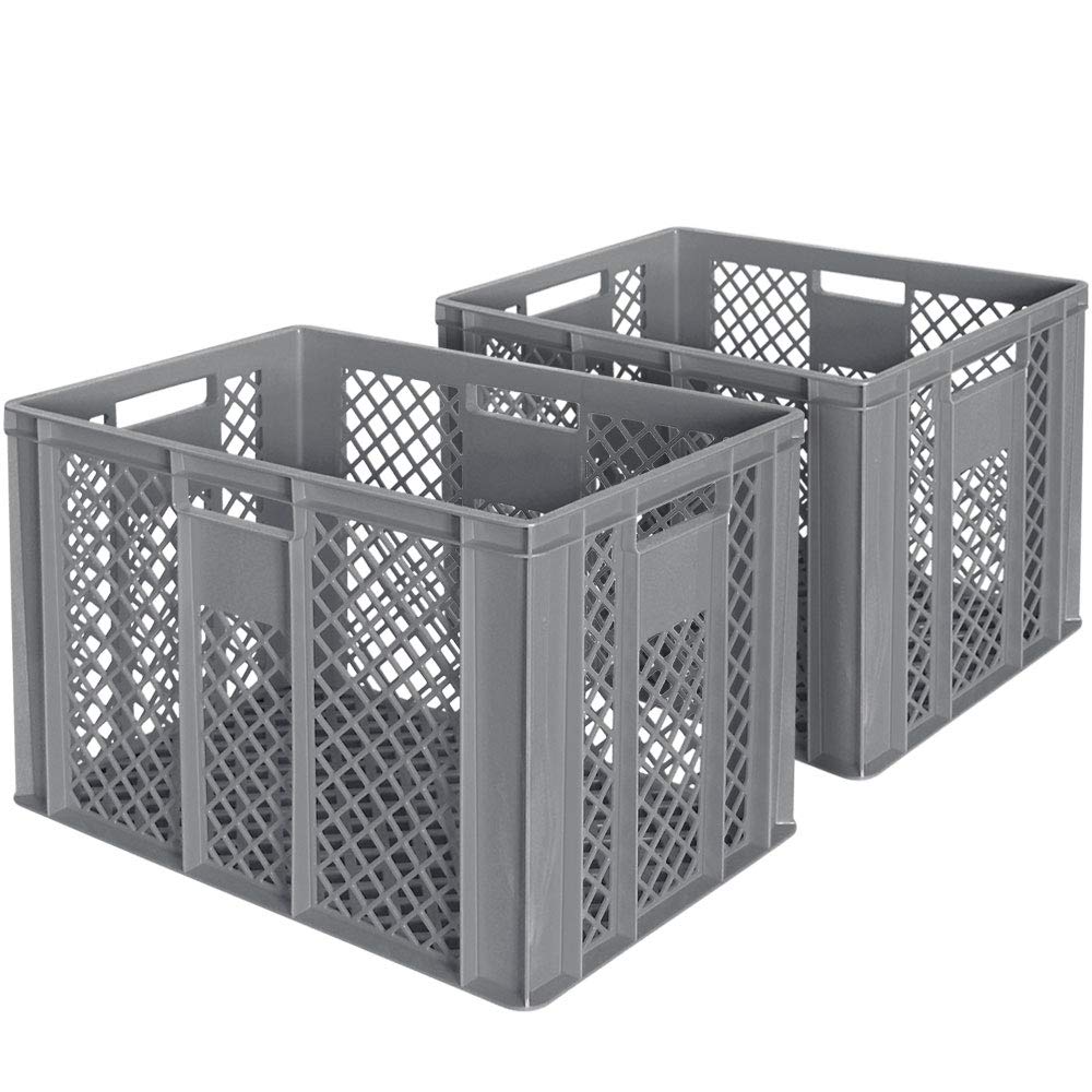 2 cajas de panadería, 600 x 400 x 410 mm, aptas para alimentos, base y paredes perforadas, color gris