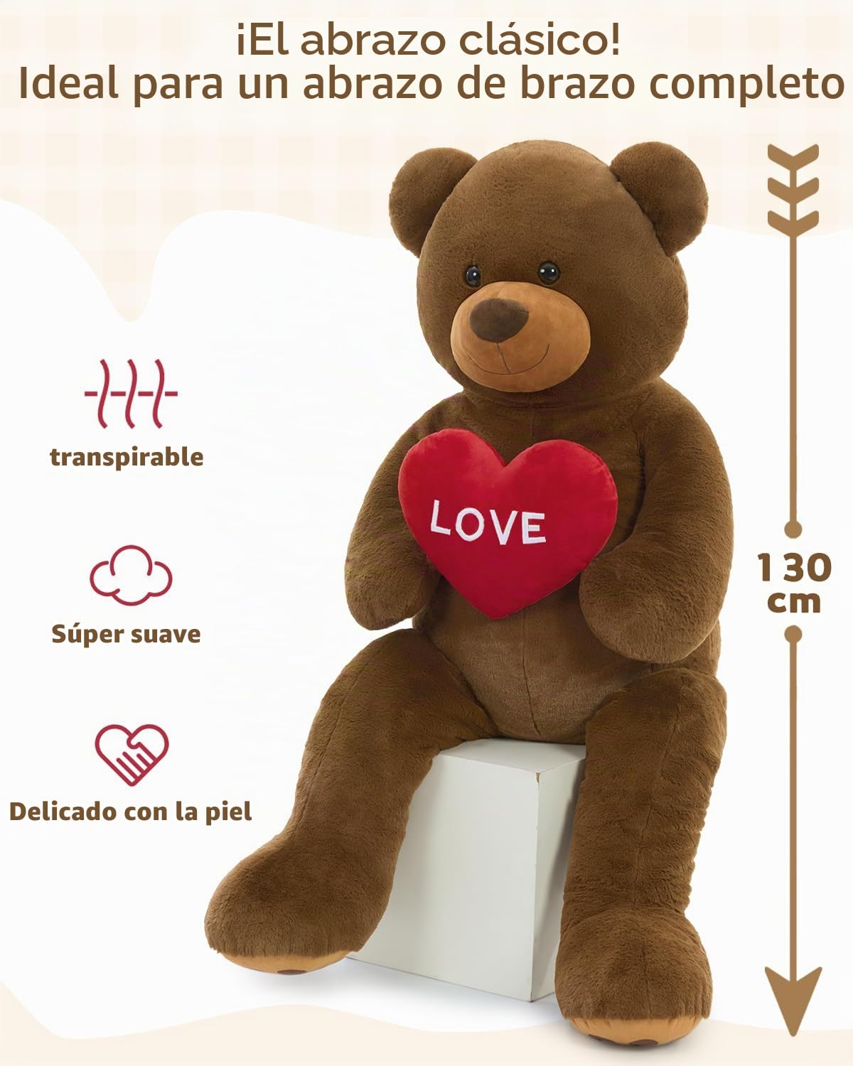 MorisMos Oso de peluche gigante con amor, 130 cm, XXL, marrón, osito de peluche grande, suave, osito de peluche, regalo para niño, novia, cumpleaños, San Valentín
