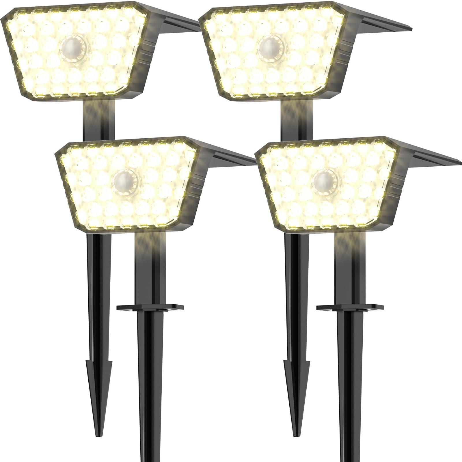 Luces Solares LED Exterior con Sensor de Movimiento, 4 Modos de Trabajo, IP67, Instalación en Pared o Suelo Foco Solar Exterior para Jardín, Patio y Garaje - 4 Piezas (Blanco Cálido)