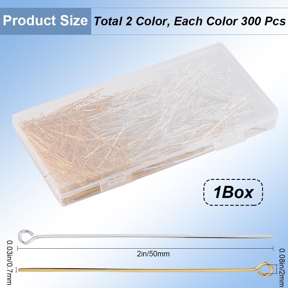1 Box 600Pcs 50mm Eye Pins Jewelry Eye Pin Gold Silver Bulk Eyepins Long Headpins Brass Open Head Pins Findings for Jewelry Making Accessories DIY Necklaces Bracelets Earrings Crafts Supplies