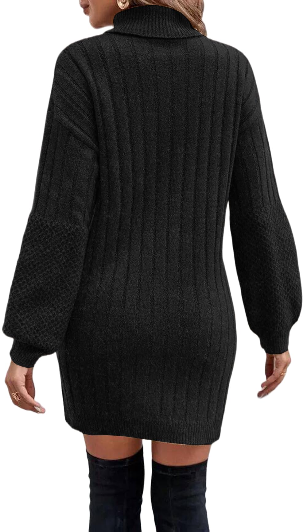 ELFIN Robe en Tricot Femme Col roulé Manches Bouffantes Robes d'hiver élégante Manches Longues Pull en Tricot Mini Robe