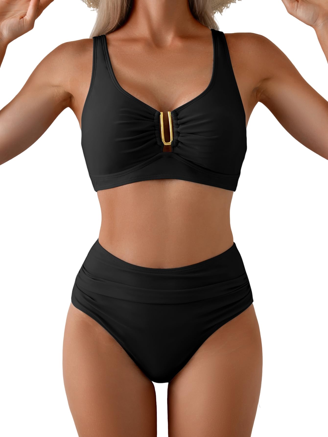 Eomenie High Waisted Bikini Sets for Women Tummy Control U Wired Swimsuit | Deep V Neck, Adjustable Wide Straps, Ruching, Full Coverage, Removable Bra, Bathing Suit For Beach Vacation