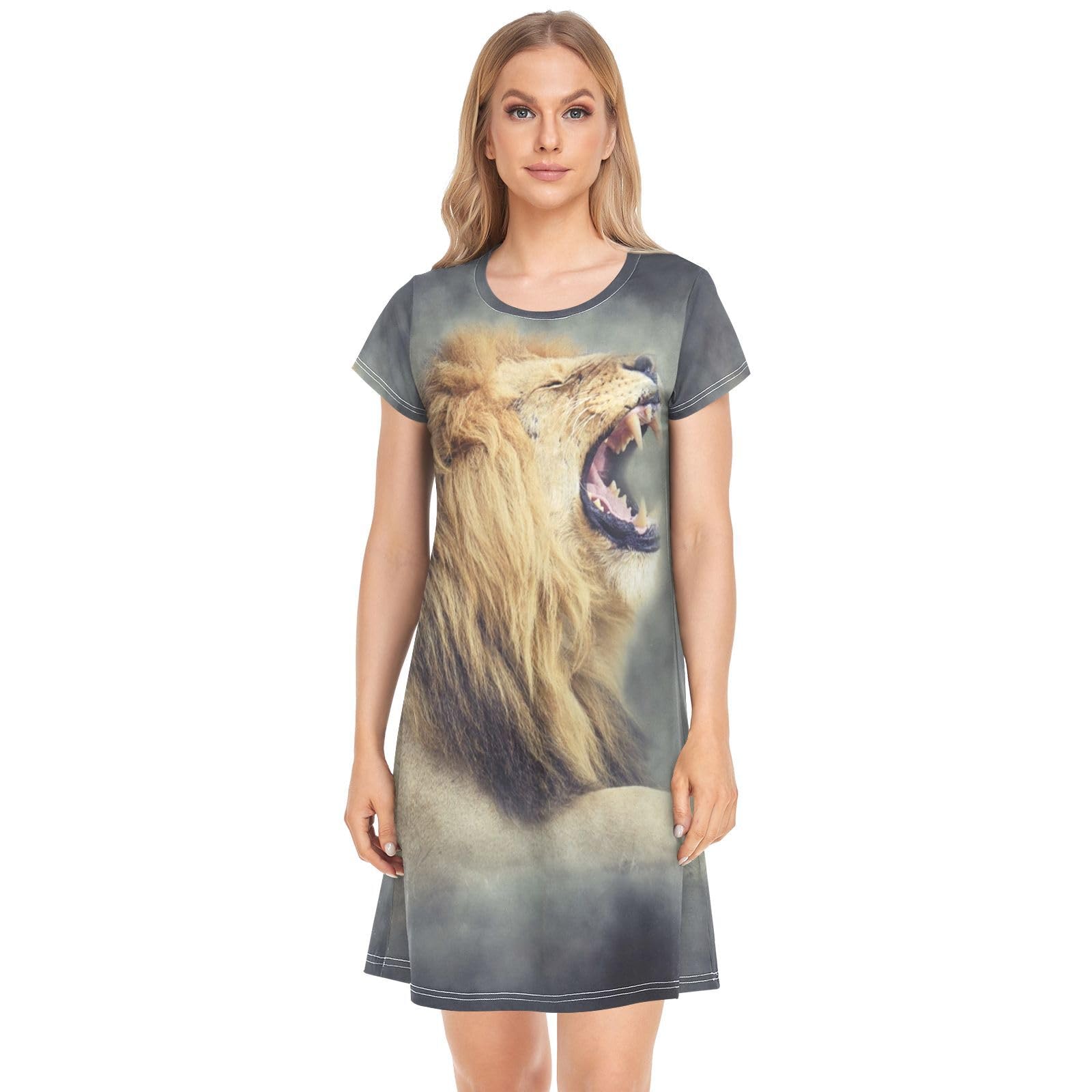 YOUJUNER Women's Nightdress Galaxy Lion Nighties Nightgown Short Sleeve Nightshirt Sleepwear Loungewear T-Shirt Dress