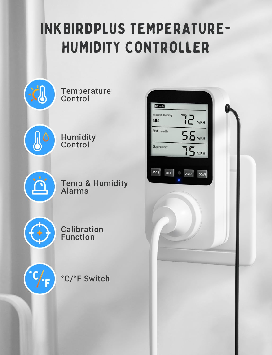 INKBIRDPLUS Feuchte- und Temperaturregler Steckdose 230V mit Alarmfunktion