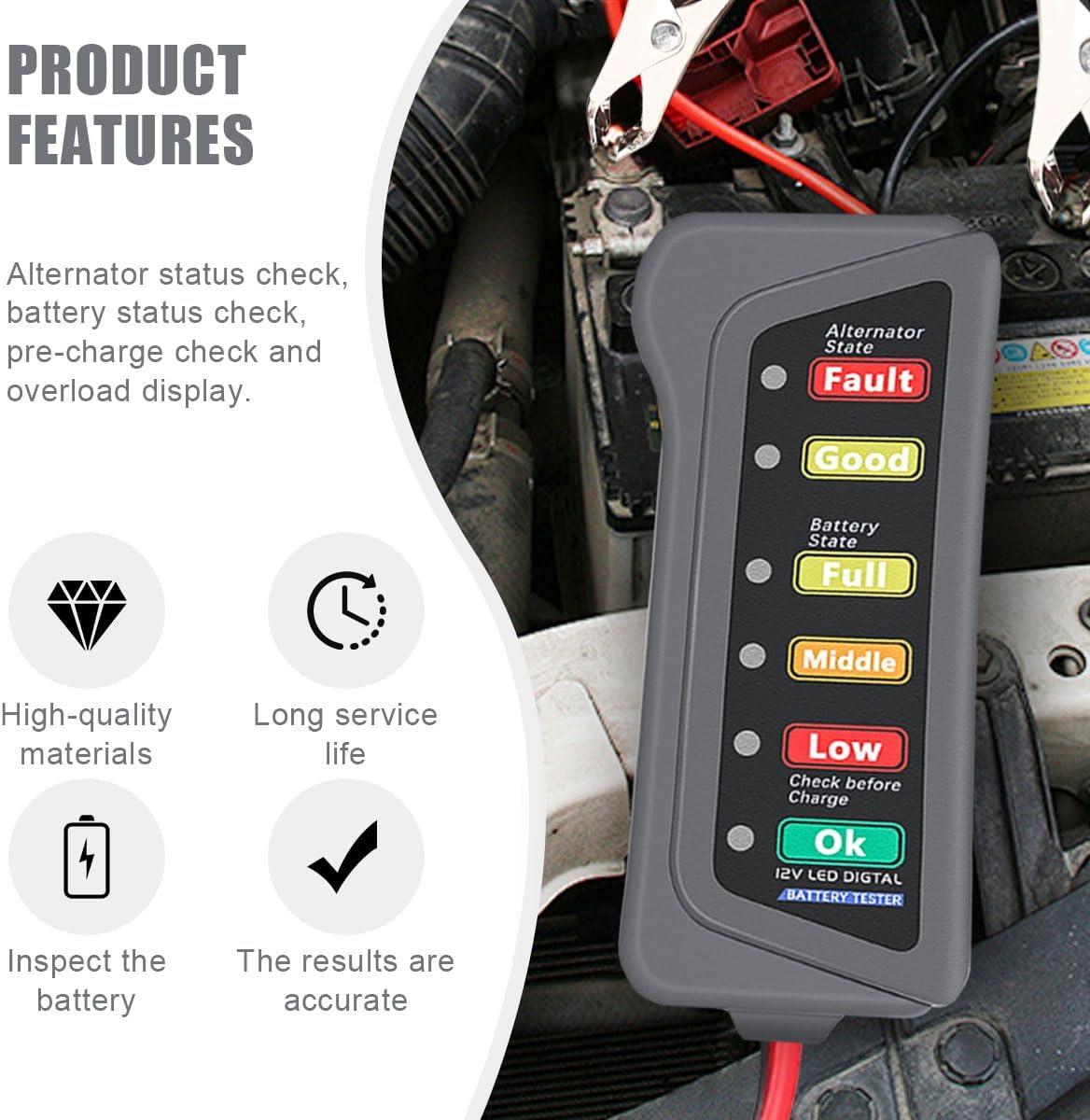 12V Car Battery Alternator Tester with 6 LED Indicator, Automotive Battery Analyzer Car Load Tester Indicator for Checking Vehicle Battery Condition & Alternator Charging System