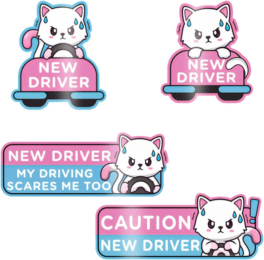 Reflective New Driver Car Magnet, Cute Funny Cartoon Vehicle Student Safety Sign for Bumper, Reusable Auto Exterior Beginner Sticker Accessories, Universal for SUV Sedan Truck (Cat-A)