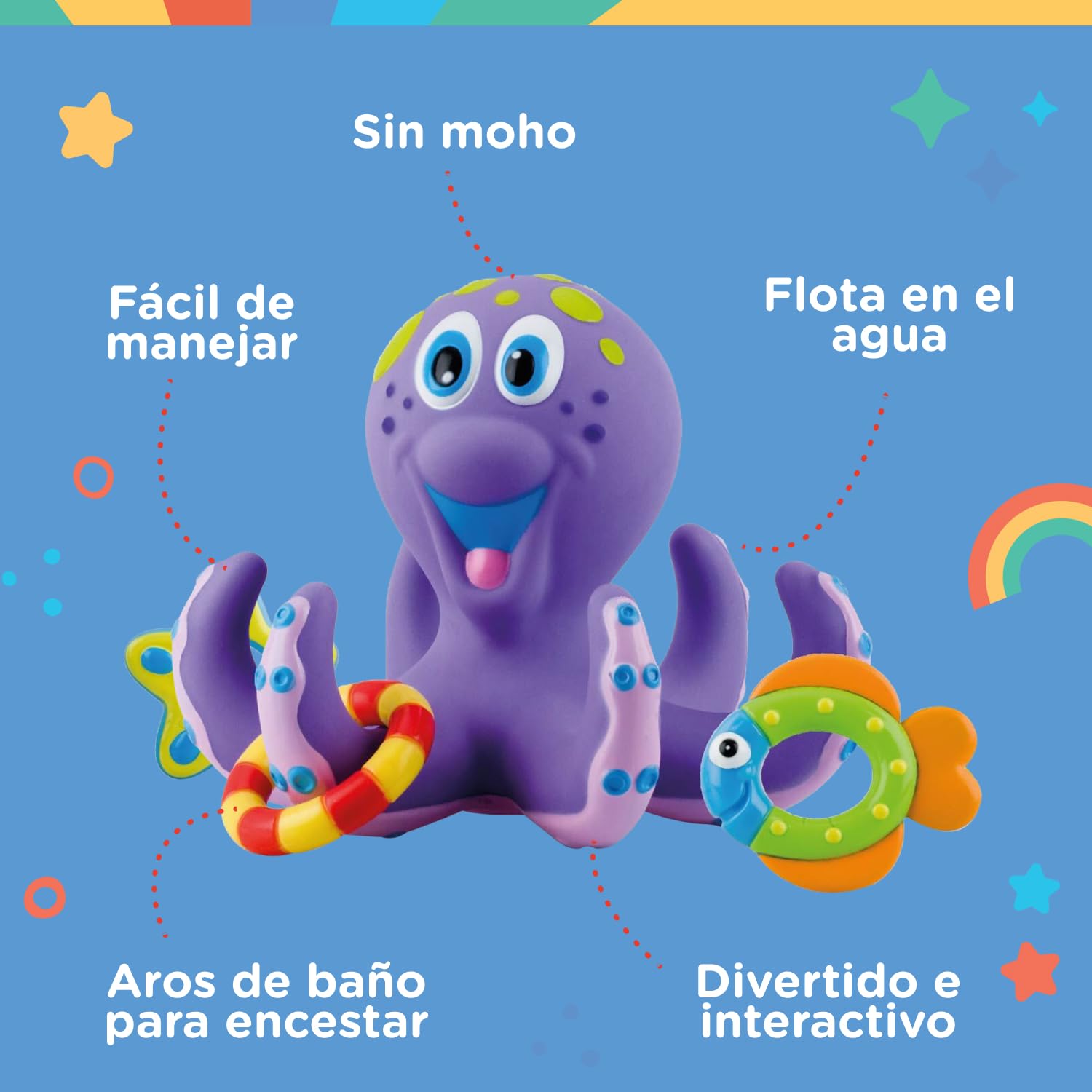 Nuby - Juguete de baño Bebe - Juguete Pulpo Flotante con Anillos para lanzar a los tentáculos - Estimula la coordinación Ojo-Mano - 18+ Meses - Violeta - Flota en Agua - Pulpo Agua Niños