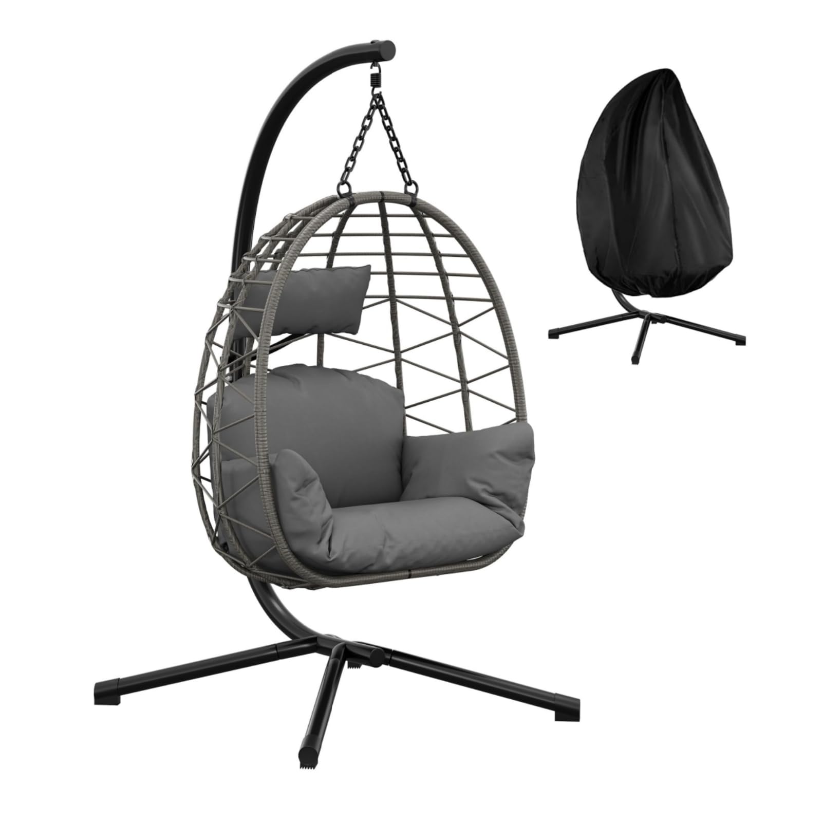 Swing Egg Chair Indoor&Outdoor, Hanging Chair with Metal Stand, 150kg Weight Capacity, Weatherproof, Foldable Seat with All-Weather Cover & Cushions for Patio, Balcony, Bedroom & Conservatory ﻿
