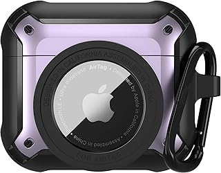 جراب حماية سماعات الأذن اللاسلكية ايربودز برو 2 - 2022 وغطاء للايرتاج في 1 رجالي وحريمي لسماعات وايرتاج متين ومضاد للصدمات مع ميدالية مفاتيح ايبود - 2019 سكين اسود وارجواني بلاستيك