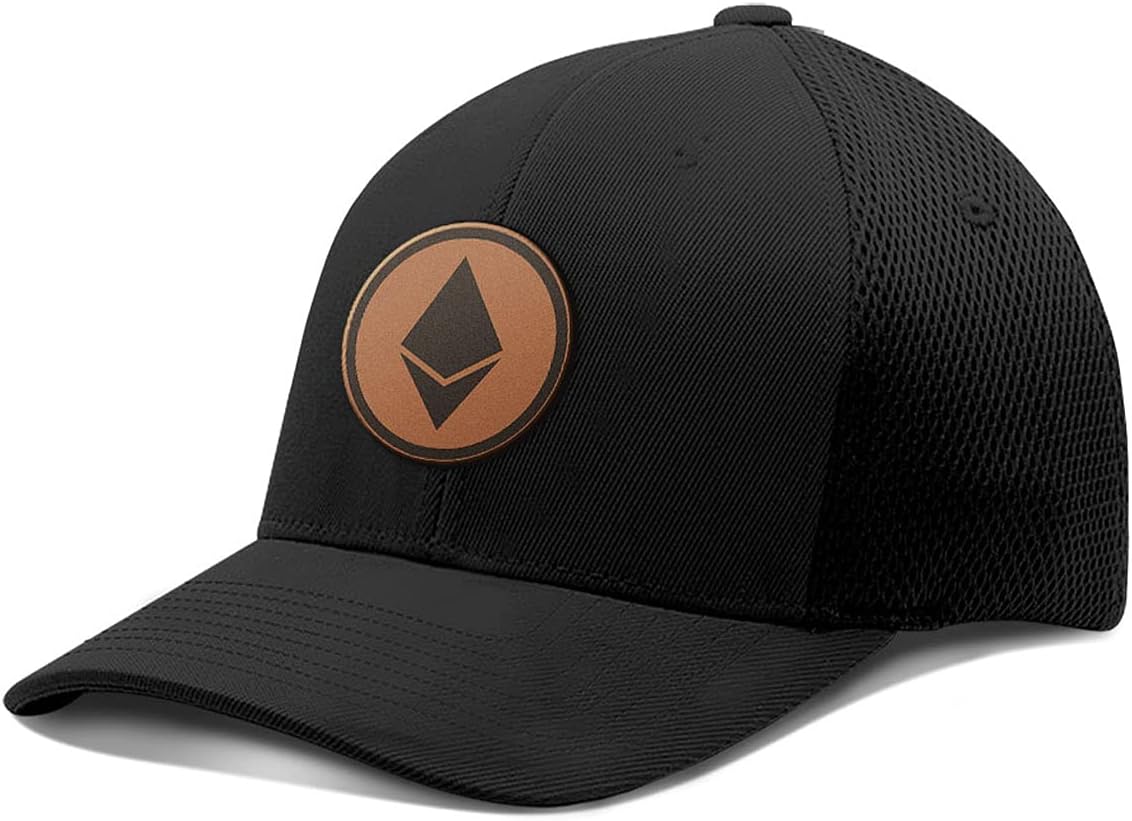 BustedTees Ethereum Leather Patch Hat Fitted Hats Crypto Baseball Cap Ultrafibre Breathable Mesh Side for Casual Wear