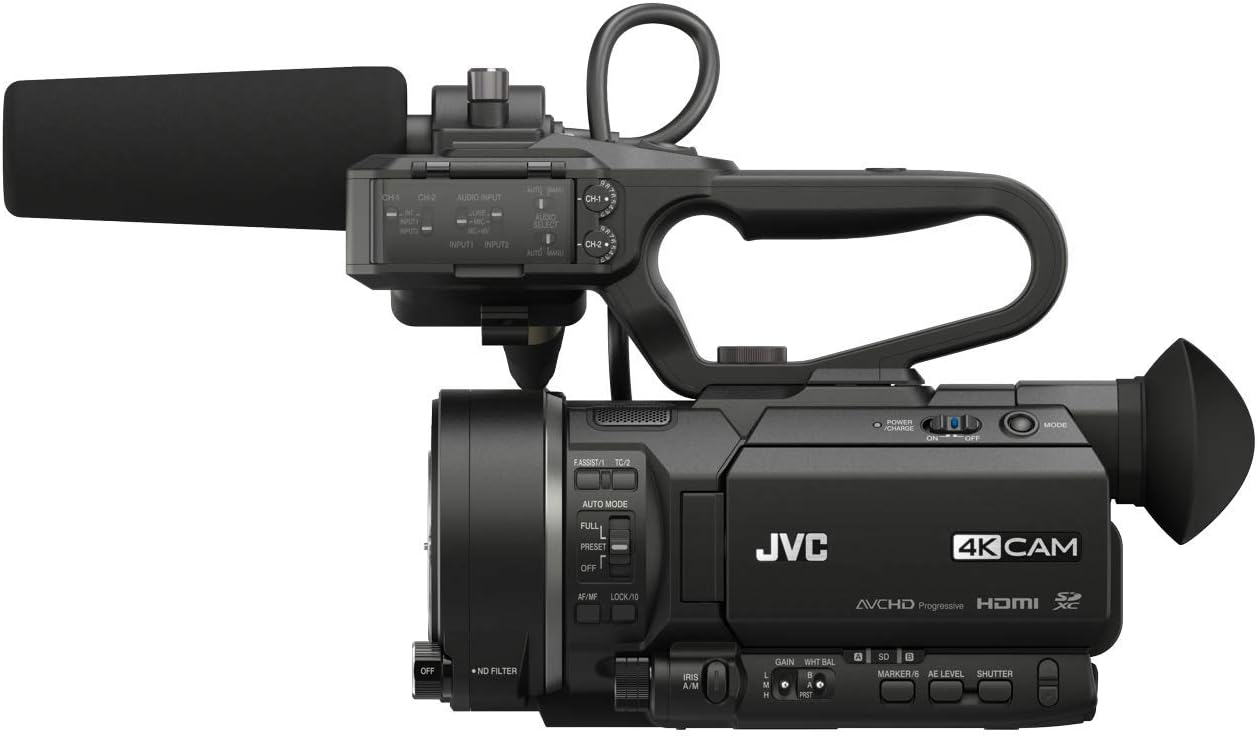 Side view of JVC GY-LS300CHU camcorder showing controls and ports