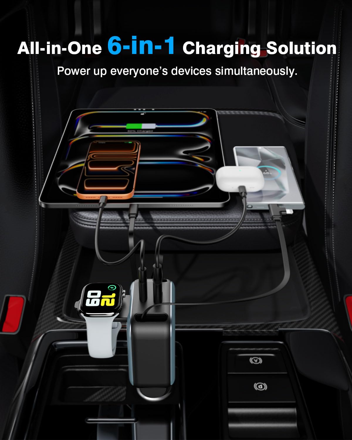 6 in 1 Retractable Car Charger, 100W USB C + USB A Fast Charging for iPhone 17/16/15/14/13/12/11, iWatch, Android, Travel Essentials Car Accessories, Gift for Men & Women (Grey) - 3