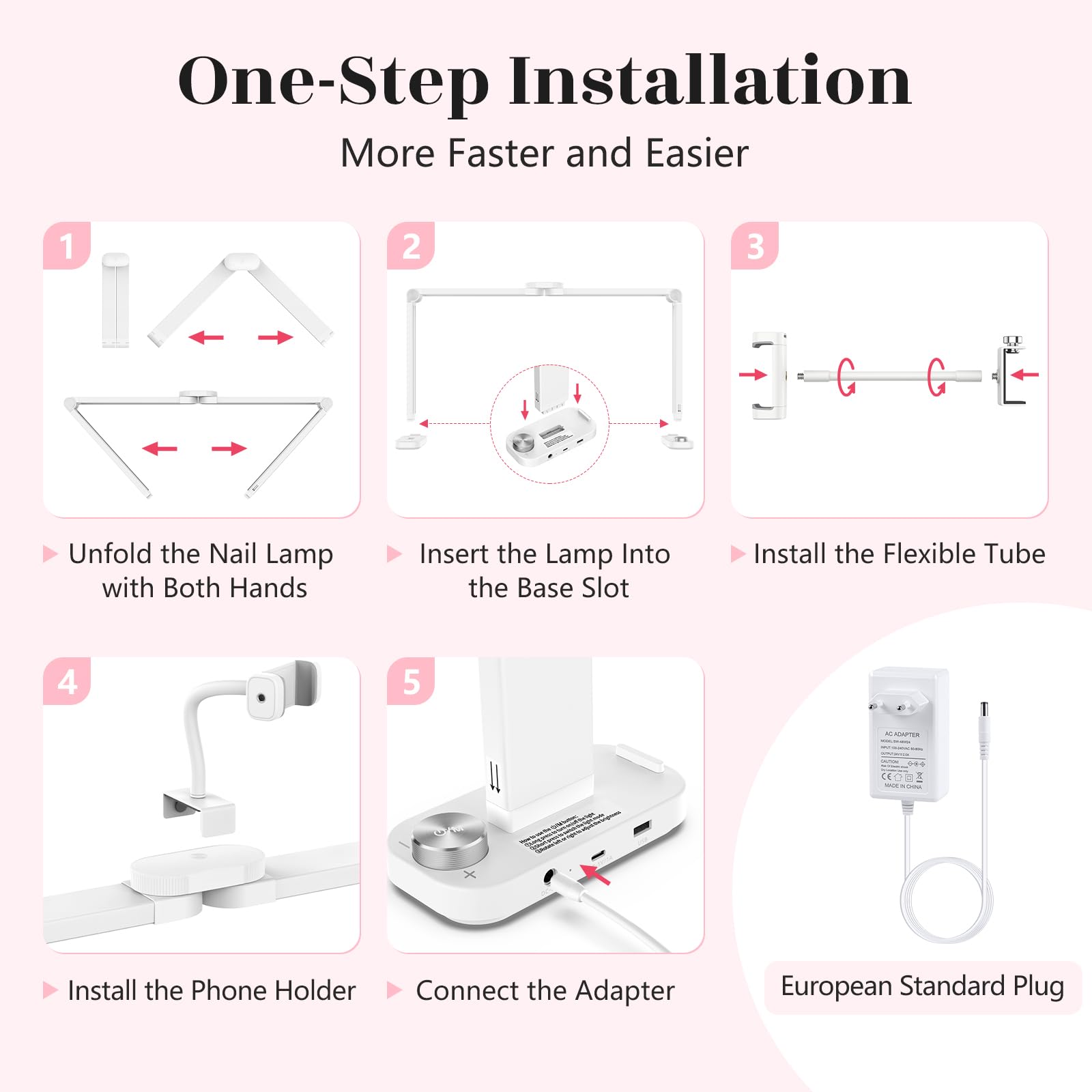 Mezza Luna Lampada per Nghie: 34" LED Lampada per Unghie da Tavolo | Lampada Tavolo Unghie con Supporto & 3 Modalità di Colore e 10 Livelli di Luminosità per Cellulare Manicure (Bianco)