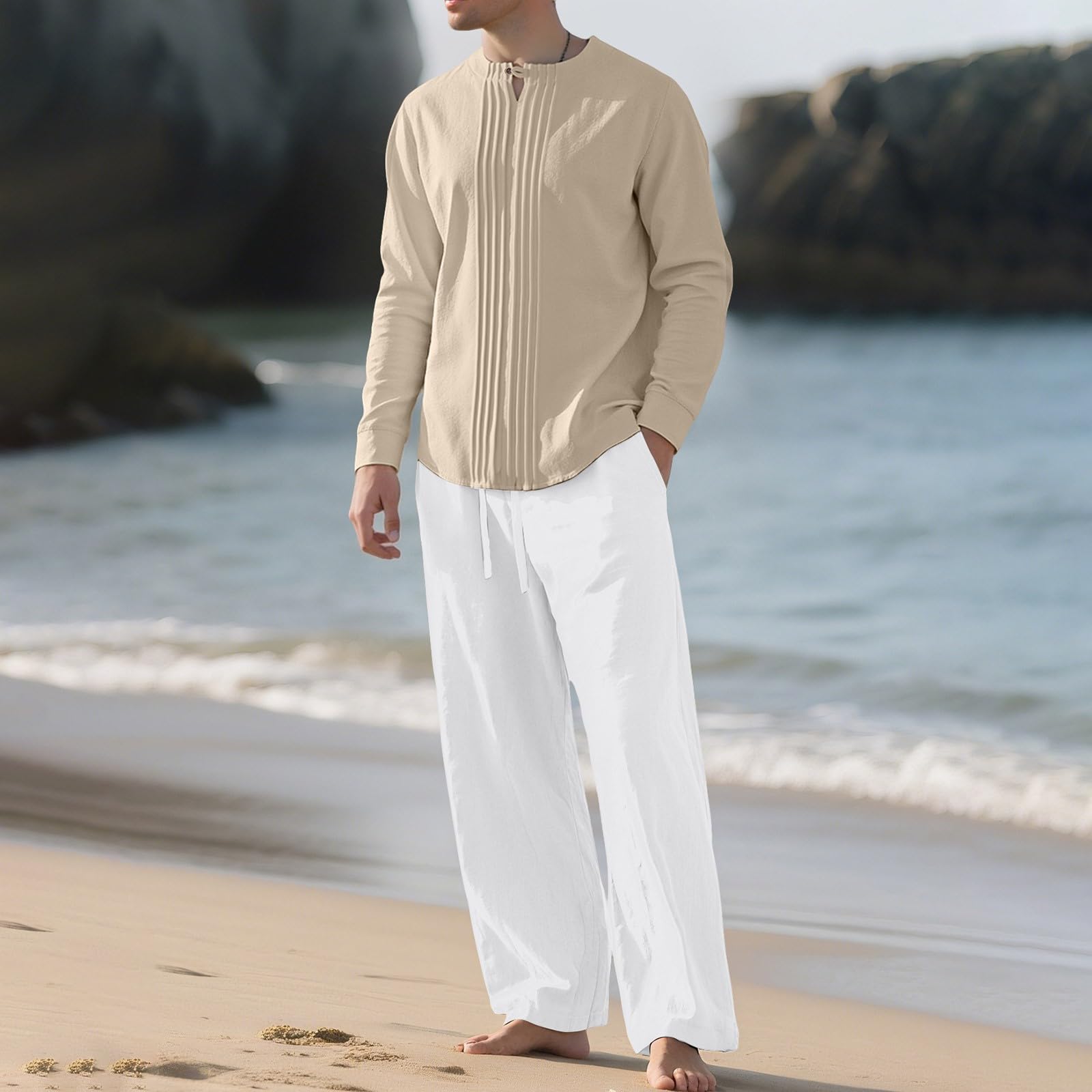 Tuta per il tempo libero da uomo, in lino e cotone, per la casa da uomo, a maniche lunghe e vestibilità larga, per il tempo libero, set loungewear