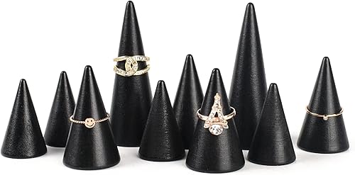 Conos de madera negra, 10 unidades de 3 tamaños diferentes para anillos de cono de madera, soporte de exhibición de joyas, conos de madera en forma