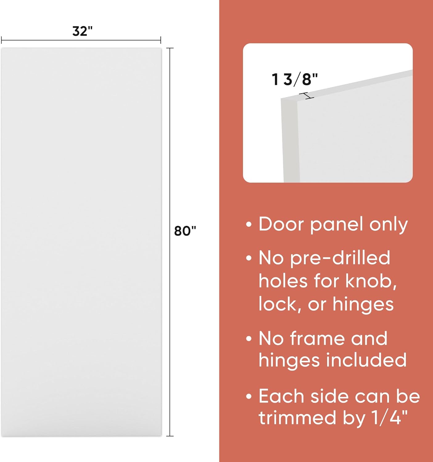 BARNSMITH 32x80 in Modern Flush Smooth White Primed Door Slab, Paintable Hollow Core Interior Door Panel, for Pocket, Swing, Sliding Door, Durable and Lightweight