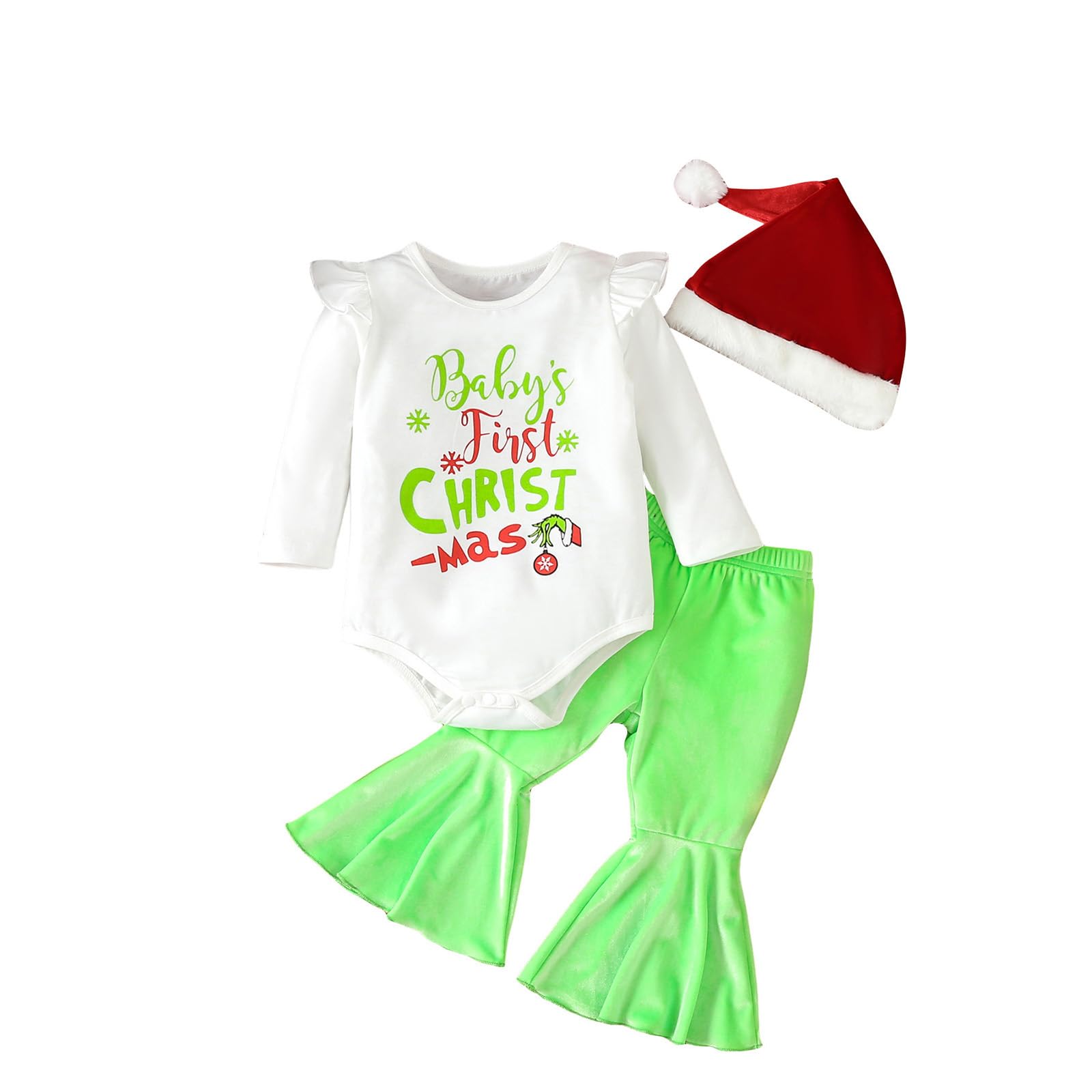 Sasaerucure My 1st Christmas Outfits Infant Baby Girl Long Sleeve Romper + Green Flare Pants + Hat 3Pcs Clothes Set (White, 0-3 Months)