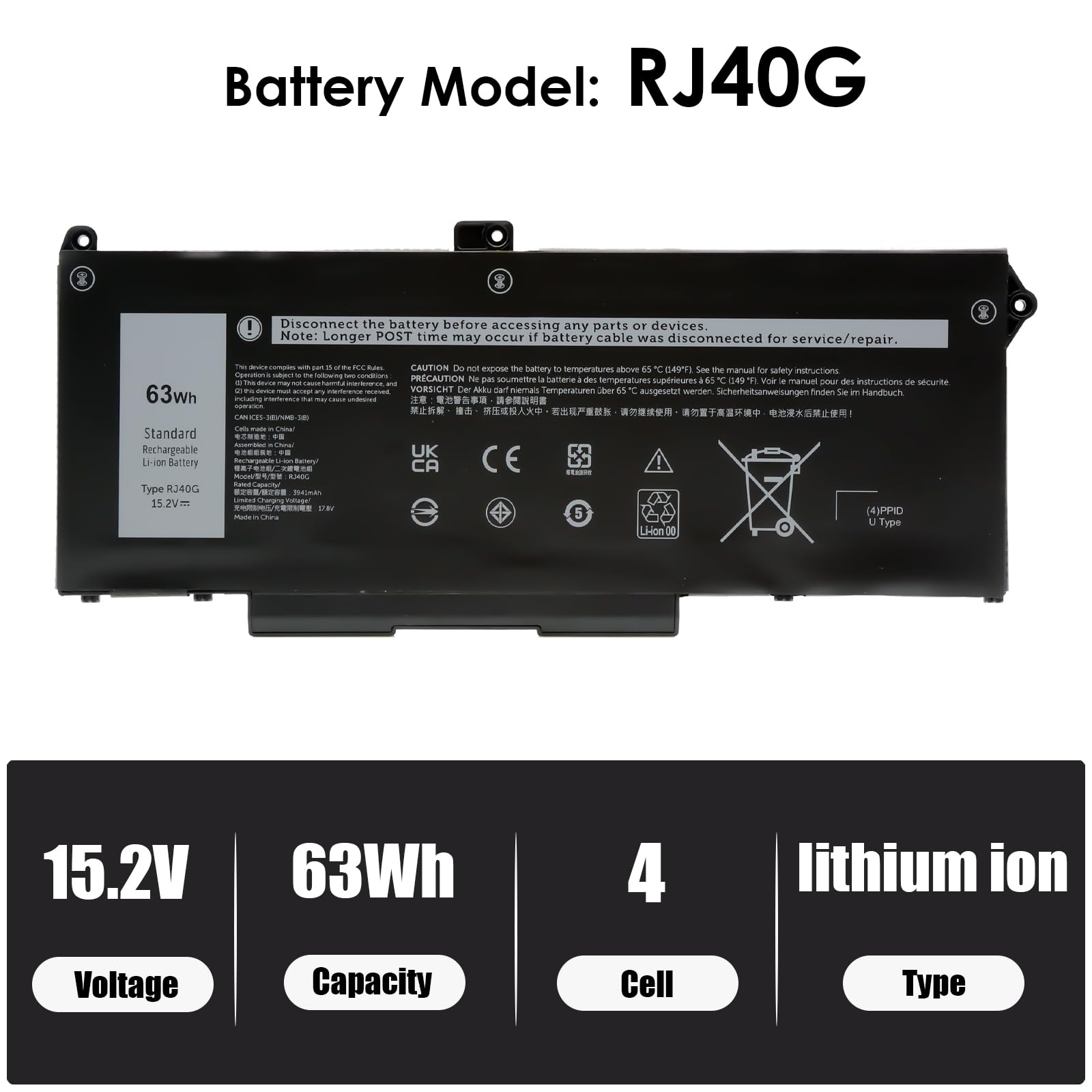 BLESYS RJ40G Akku für Dell Latitude 5520 5420 Serie M033W 1K2CF 075X16 P137G P104F Ersatzakku [63Wh 15.2V]